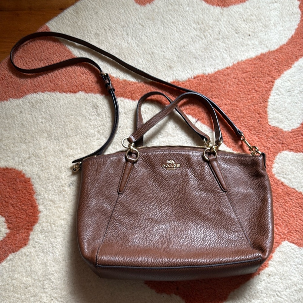 Coach Kelsey Brown Pebbled Leather Double Handles Zipper Closure Satchel Bag